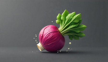 Vibrant Red Onion with Fresh Green Leaves on Gray