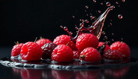 Fresh raspberries with water splash on a reflective surface