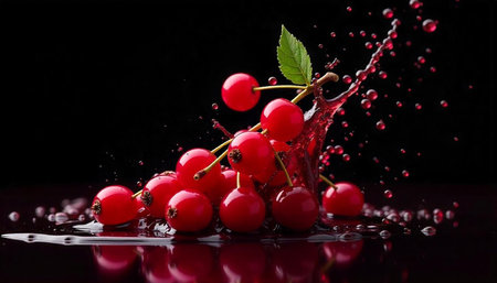 Red currants with liquid splash on dark reflective surface