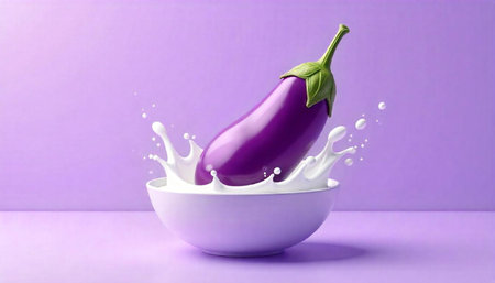 Eggplant splashing into a bowl of milk, purple backgroundの写真素材