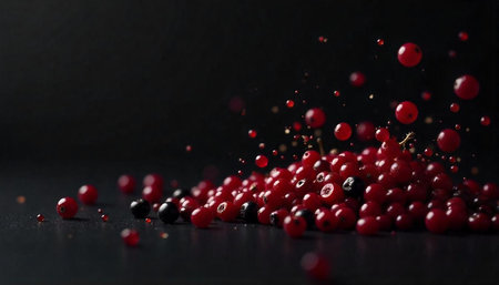 Dynamic scattered red currants against a dark dramatic background
