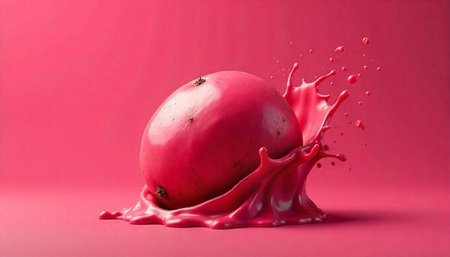 Vibrant pink mango fruit with paint splash effect closeup