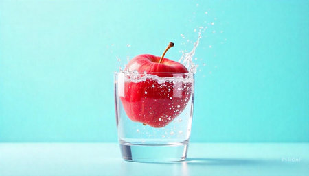 Fresh red apple splashing into a clear glass of waterの写真素材