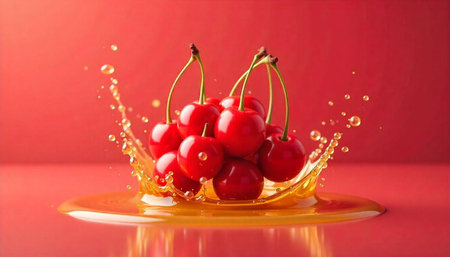 Vibrant red cherries with liquid splash on red surface