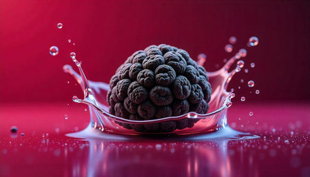 Blackberry splash with dynamic water droplets against red backdrop
