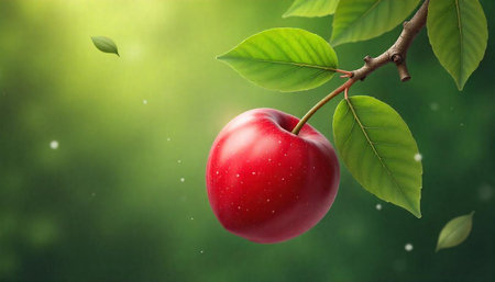 A red apple hanging from a tree branch closeup