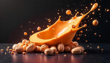 Walnuts and orange liquid explosion on dark reflective surface