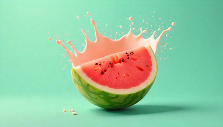Watermelon slice splash against light green seamless backgroundの写真素材