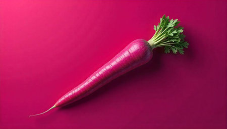 Vibrant purple carrot with green tops against color background