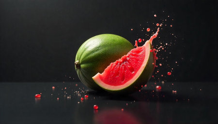 Watermelon still life with slice and juice splashの写真素材