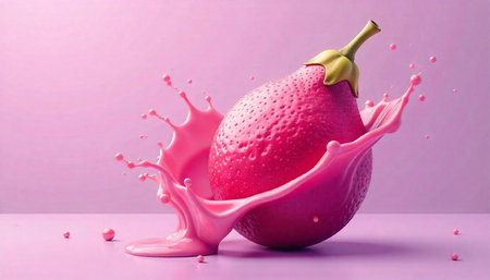 Strawberry like fruit with splashing paint, pink backgroundの写真素材