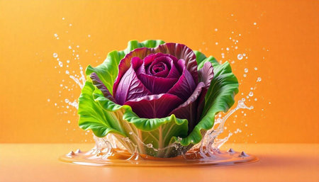 Purple Cabbage with Water Splash on Orange Background