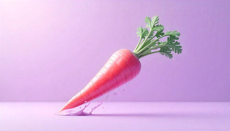 Vibrant carrot with splash on soft purple background