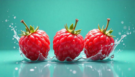 Three vibrant raspberries splash in clean refreshing aqua water