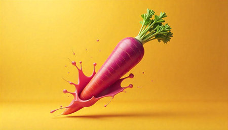 Vibrant carrot splashing paint isolated against a yellow backdropの写真素材
