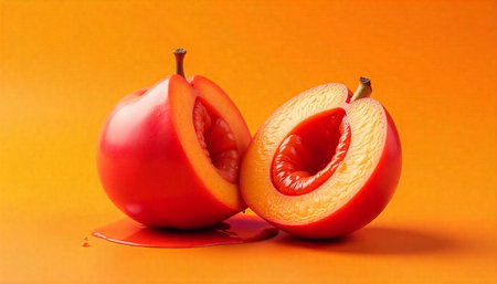 Sliced peach halves arranged on vibrant orange background