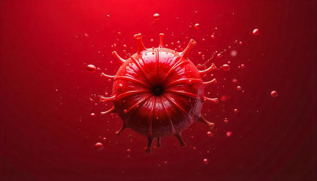 Coronavirus particle in red with liquid droplet splash effect