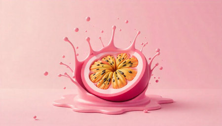 Passion fruit slice with pink splash in vibrant scene