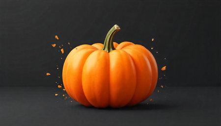 Vibrant orange pumpkin on a dark background with splatters