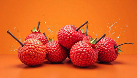 Luscious strawberries piled on warm orange backdrop with splashes