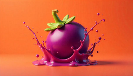 Abstract purple tomato with juice splashing on orange backdrop