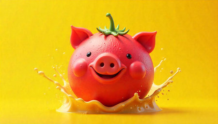 Tomato Pig Hybrid with Splashing Liquid Against Yellow Backdropの写真素材