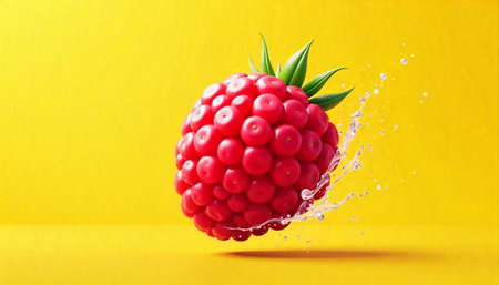 Fresh raspberry with splashing water against yellow studio background