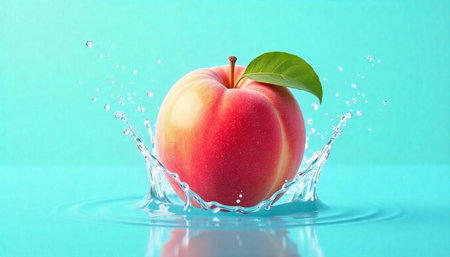 Ripe peach splashing into vibrant turquoise water background stock