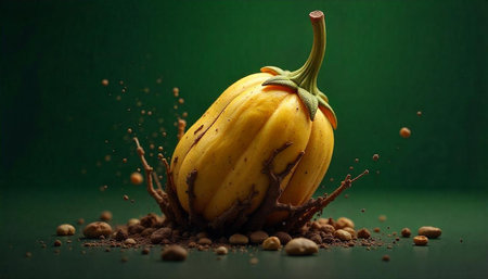 Yellow eggplant surrounded by splash of soil on surface