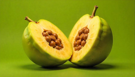 Sliced melon with seeds against a green background