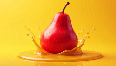 Vibrant red pear with juice splash on yellow backdropの写真素材