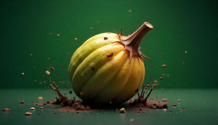 Textured yellow gourd resting on a bed of soilの写真素材