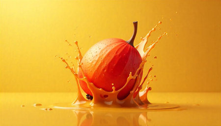 Fruit splashing in juice against yellow background