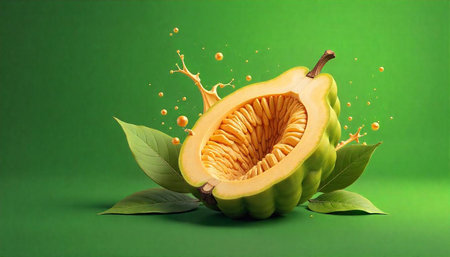 Sliced ripe pear on green backdrop with juice splash