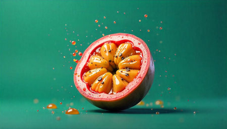 Halved Granadilla fruit with Juice on teal background