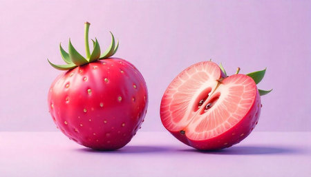 Two strawberries one whole one half on purple background