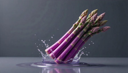 Purple asparagus bunch creating splash on gray surface. Still lifeの写真素材