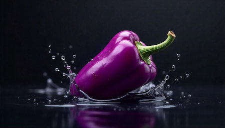 A fresh purple bell pepper splashing in clear water