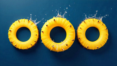 Three yellow pineapple slice rings arranged with splashing water