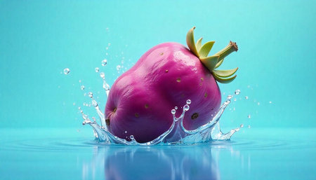 Vibrant strawberry with water splash on a blue background