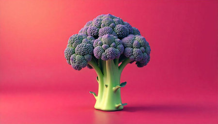A single head of broccoli on vibrant pink background