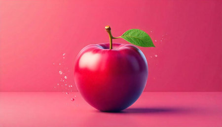 Single shiny red apple on pink backdrop with leafの写真素材