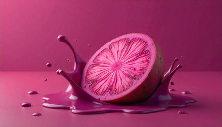 Half pink grapefruit splashing in vibrant magenta liquid