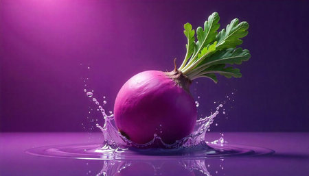 Purple turnip splashing in vibrant liquid, close-up view
