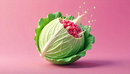 Cabbage overflowing with red berries and white liquid splash