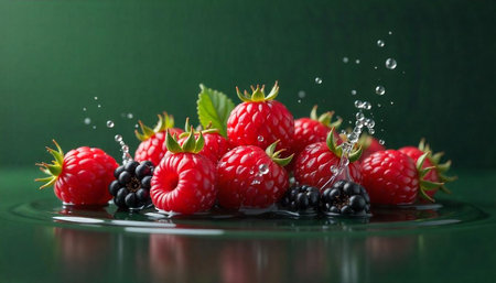 Fresh raspberries and blackberries with water droplets on surface