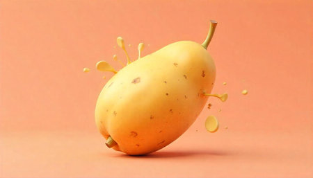 Stylized yellow potato with splashes against solid orange background