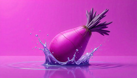 Vibrant Purple Turnip Splashing into Water on Fuchsia Background