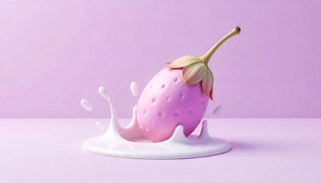 strawberry in milk splash on purple background. 3d rendering