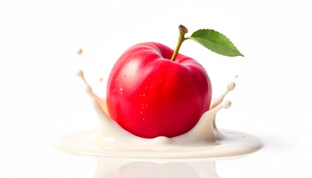 Red apple surrounded by creamy splash on white backdropの写真素材